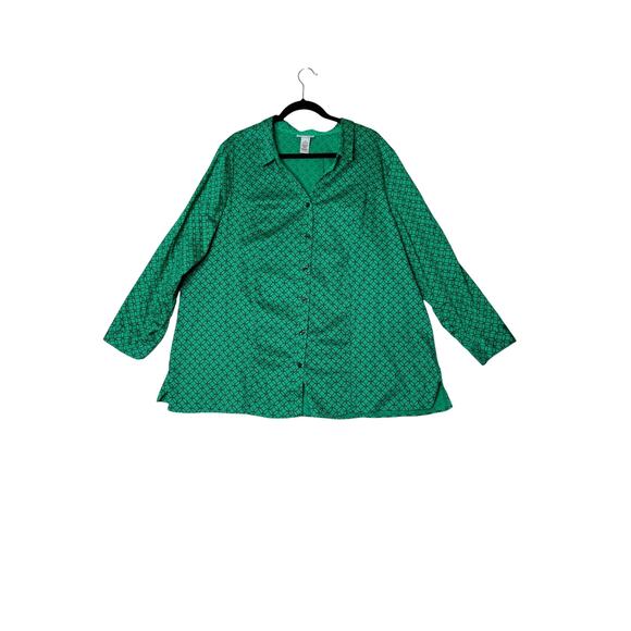 Catherines size 2X tunic button up green/black  flip cuffs office *flaw* - Picture 1 of 8